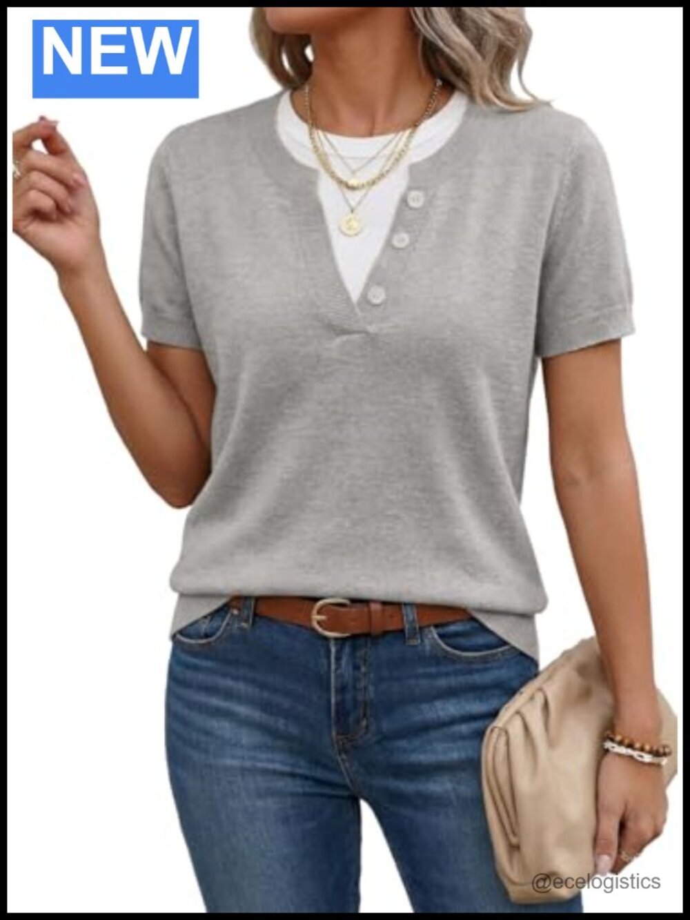 Short Sleeve Color Block Sweater with 6% Wool - Lightweight Pullover